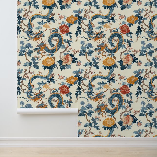 Papier Peint Dragon japonais bleu floral élégant (Application)