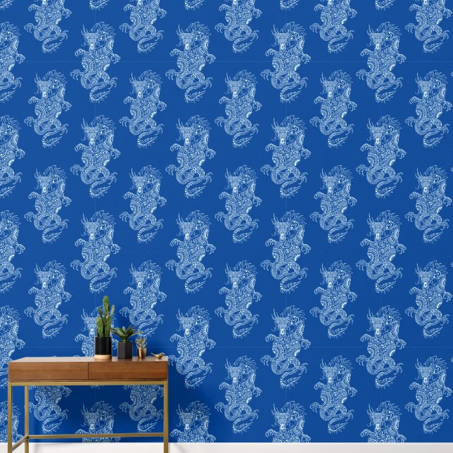 Papier Peint Dragon style chinois bleu marine (Couloir)