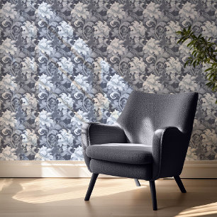 Papier Peint Dramatique Baroque Floral Steel Blue ID1050