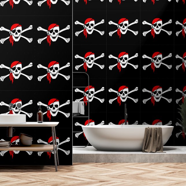 Papier Peint Drapeau rouge Bandana Pirate noir (Salle de bain)
