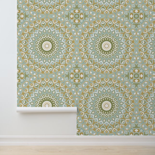 Papier Peint Earthy Mandala in Green, Gold, and Soft Blue (Application)
