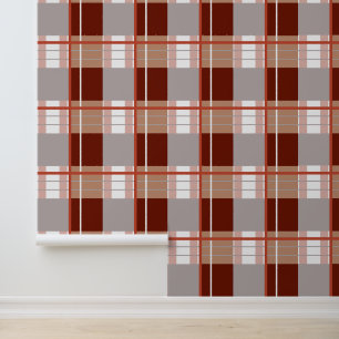 Papier Peint Effet Plaid, rouge brun terreux, gris et blanc