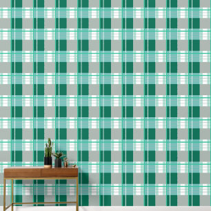 Papier Peint Effet plaid vert frais, turquoise, gris et blanc