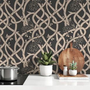 Papier Peint Élégance enmêlée : Oiseau floral noir et beige