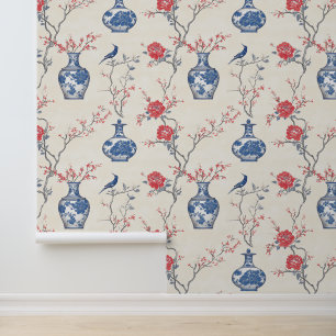 Papier Peint Elégance orientale : Porcelaine bleue et fleurs
