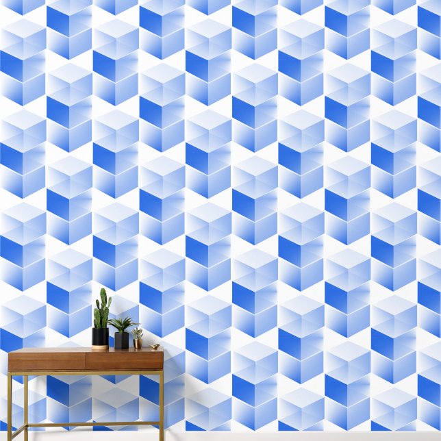 Papier Peint Elégant bleu gris Abstrait blanc Cube Art vertical (Couloir)