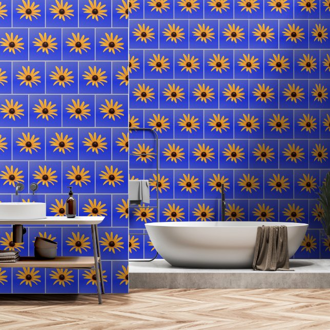 Papier Peint Elégant bleu gris jaune Fleurs carreaux carrées (Salle de bain)