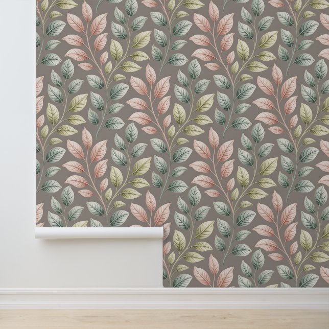 Papier Peint Elegant Botanical Pink & Sage Leaf Pattern (Application)