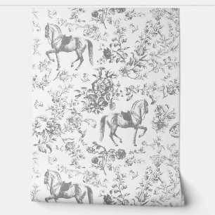 Papier Peint Élégant Cheval Blanc Gris Vintage Motif Floral
