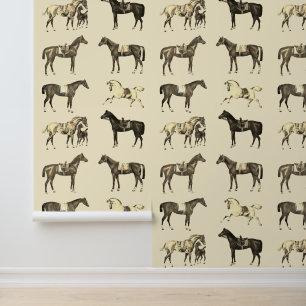 Papier Peint Élégant Chevaux Vintages à selle Brown Beige