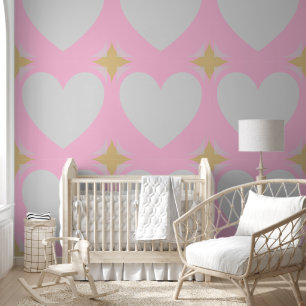 Papier Peint Elégant Coeurs Argent Étoiles Gris Or Pastel Rose