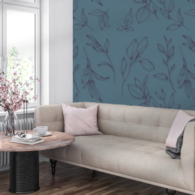 Papier Peint Élégant Feuille Botanique Simple Sur Bleu (Créateur téléchargé)