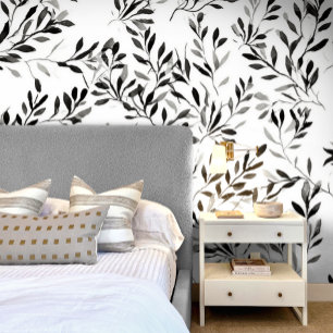 Papier Peint Élégant Floral Feuille Moderne Noir Blanc