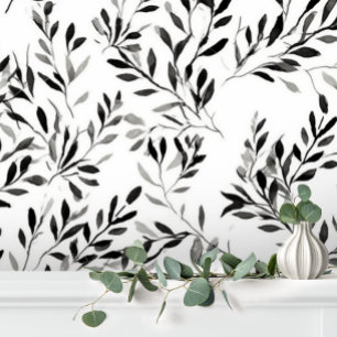 Papier Peint Élégant Floral Feuille Moderne Noir Blanc