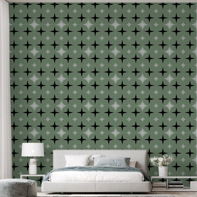 Papier Peint Élégant Gris Argent & Étoiles Noires, Gris Vert Sa (Chambre à coucher)