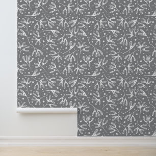 Papier Peint Elégant Gris, blanc Motif de feuille végétale biol