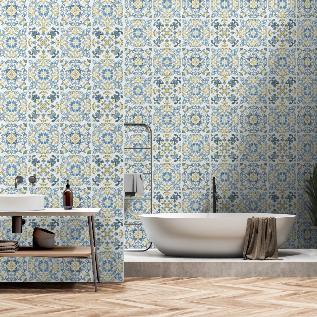 Papier Peint Elegant Italian Blue Tile (Salle de bain)