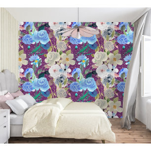Papier Peint Élégant Moderne Whimsical Floral Stripes Purple