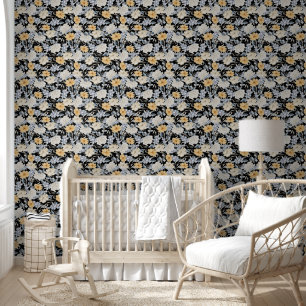 Papier Peint Élégant motif floral bleu jaune/blanc sur noir