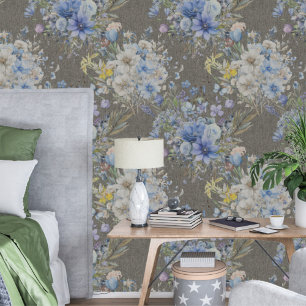 Papier Peint Élégant motif floral bleu tissé vintage