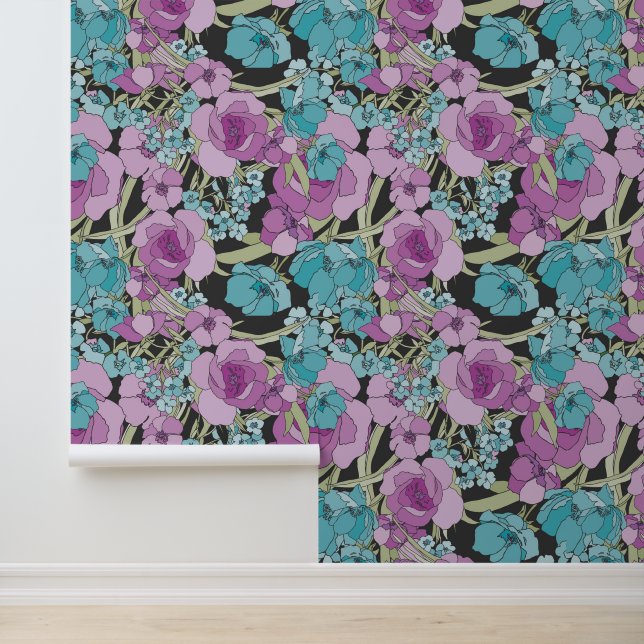 Papier Peint Élégant motif Floral Fleurs vertes Rose rose (Application)