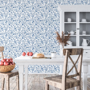 Papier Peint Élégant motif floral Toile bleu et blanc