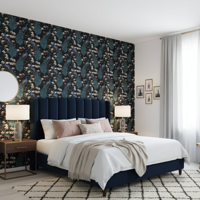 Papier Peint Elégant Peacocks et Fleurs de Magnolia Presque Noi (Contemporary Floral Peacock Pattern Wallpaper in Almost Black. Teal Peacock Birds & Magnolia Flowers)
