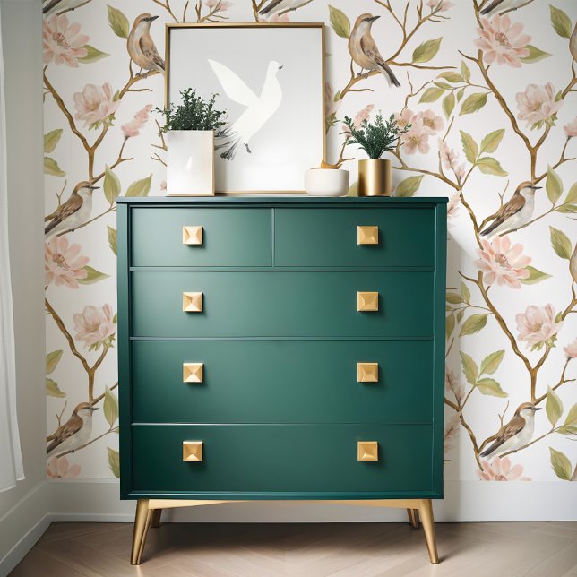 Papier Peint Elégant peinture à l'huile Oiseau et branche rose  (Elegant Oil Painting Bird & Branch Pink Floral Wallpaper)