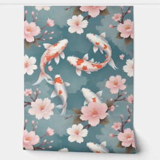 Papier Peint Elégant poisson koi nage parmi les fleurs de ceris