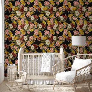 Papier Peint Élégant rose Vintage Brown Fleurs sur noir