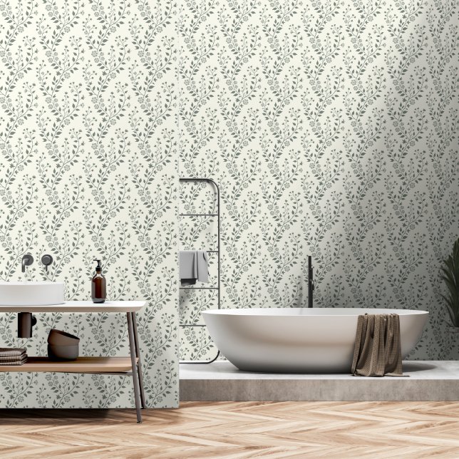 Papier Peint Elegant Sage Cream Minimalist Boho Floral Pattern (Salle de bain)
