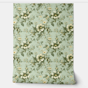 Papier Peint Elégant Shabby chic sauge vert fleurs blanches