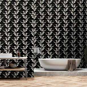 Papier Peint Élégant Tourbillonnant Foliage moderne noir et bla