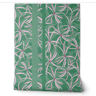 Papier Peint Élégant vert moderne rose rayé fleuri