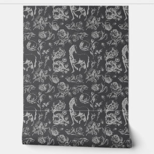 Papier Peint Élégant Vintage Gris Toile Cheval Motif Floral