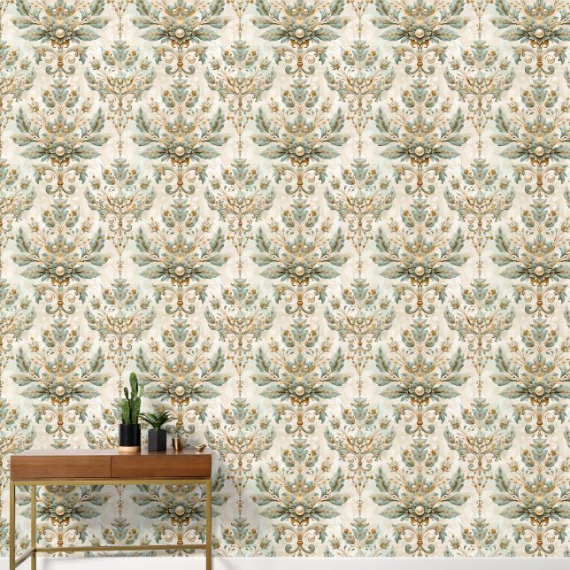 Papier Peint Elégant Vintage Sage Green et CreamDamask (Couloir)