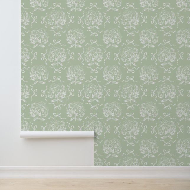 Papier Peint Élégant Vintage Sage Hydrangea Bow Motif (Application)