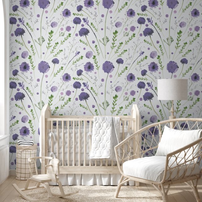 Papier Peint Elégante couleur violet aquarelle Floral (Elegant Purple Watercolor Floral Wallpaper from Studio Posies.)