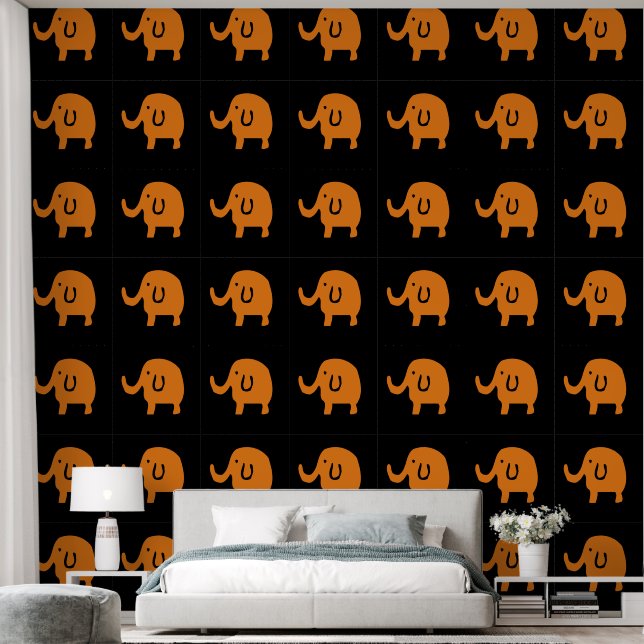 Papier Peint Eléphants Bébé Animal Motifs mignons Orange Noir (Chambre à coucher)