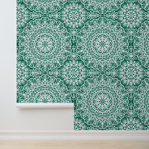 Papier Peint Emerald Green Bohemian Mandala White Lace