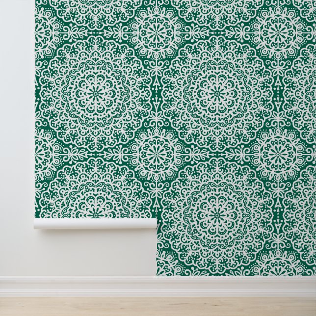 Papier Peint Emerald Green Bohemian Mandala White Lace (Application)