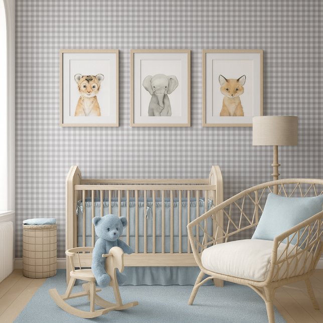 Papier Peint En vichy classique À damiers gris blanc (Mockup of boy nursery with khaki check wallpaper and blue decor )