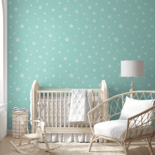 Papier Peint Étoiles blanches éparpillées sur couleur Aquamarin