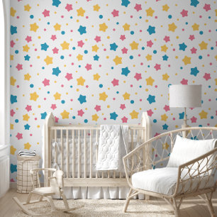 Papier Peint Étoiles roses, jaunes et bleues sur Motif blanc