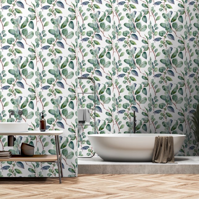 Papier Peint Eucalyptus Vert Feuille Vert Blanc Élégant (Salle de bain)