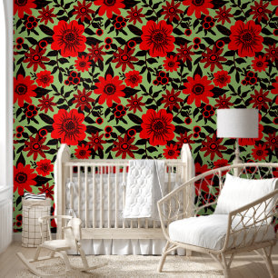 Papier Peint Fantasy Rouge et Vert Jungle Floral