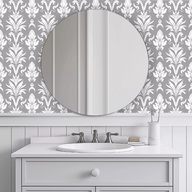 Papier Peint Faune gris monochromatique (Monochromatic Gray Fauna Wallpaper in a white bathroom.)