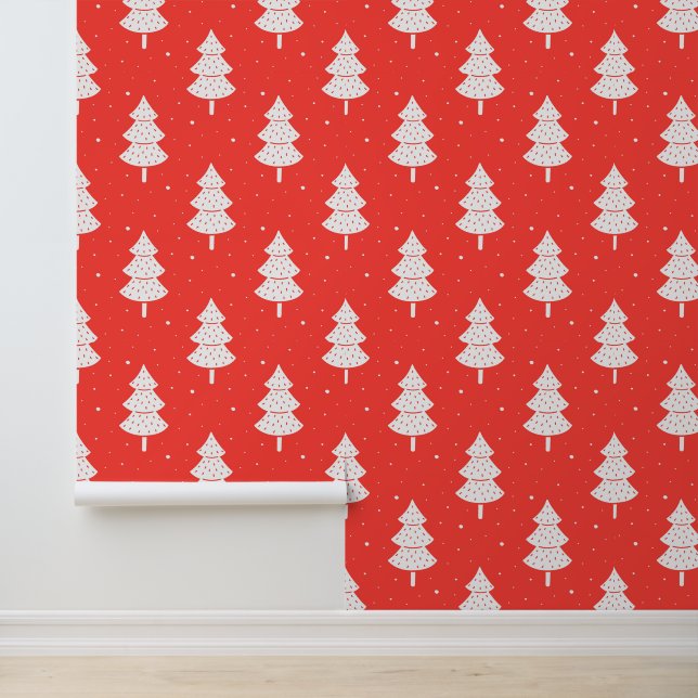 Papier Peint Festif rouge blanc sapin motif carrelé (Application)