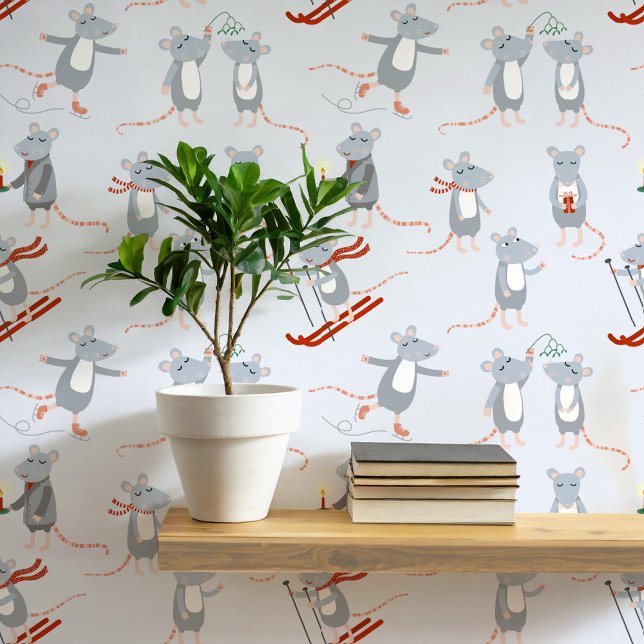Papier Peint Festif Vacances Souris Bleu (Fun winter mice art wallpaper)