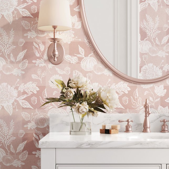 Papier Peint Feuillage Automne Fleurs Automnes & Plat Rose Citr (Fall Foliage Autumn Flowers & Pumpkins Pink Plaid Wallpaper)